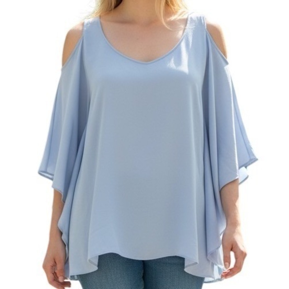 ANTHROPOLOGIE DELETTA‎ Light Blue Cold Shoulder Flutter Sleeve Top Blouse EUC S